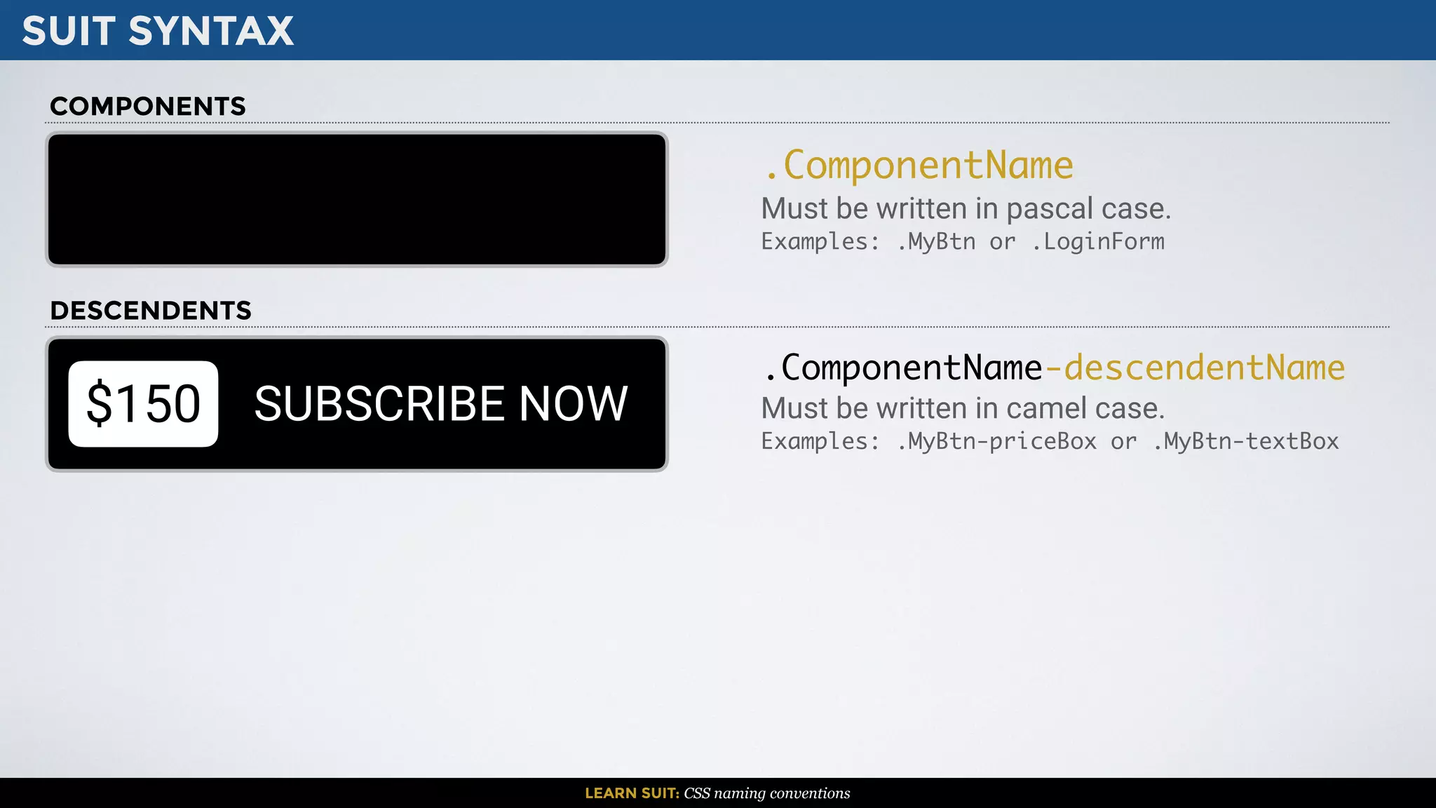 SUIT SYNTAX
LEARN SUIT: CSS naming conventions
.ComponentName
Must be written in pascal case.
Examples: .MyBtn or .LoginForm
.ComponentName-descendentName
Must be written in camel case.
Examples: .MyBtn-priceBox or .MyBtn-textBox
$150 SUBSCRIBE NOW
COMPONENTS
DESCENDENTS
 