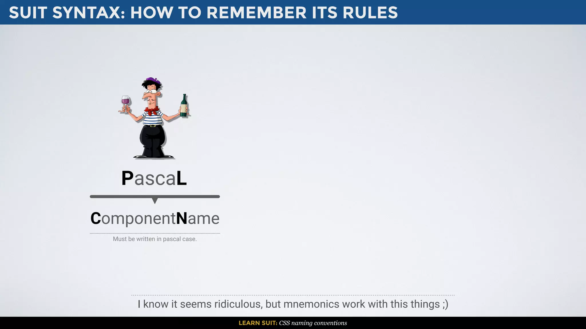SUIT SYNTAX: HOW TO REMEMBER ITS RULES
LEARN SUIT: CSS naming conventions
I know it seems ridiculous, but mnemonics work with this things ;)
PascaL
ComponentName
Must be written in pascal case.
 