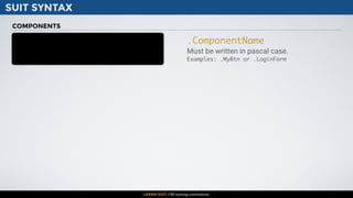SUIT SYNTAX
LEARN SUIT: CSS naming conventions
.ComponentName
Must be written in pascal case.
Examples: .MyBtn or .LoginForm
COMPONENTS
 