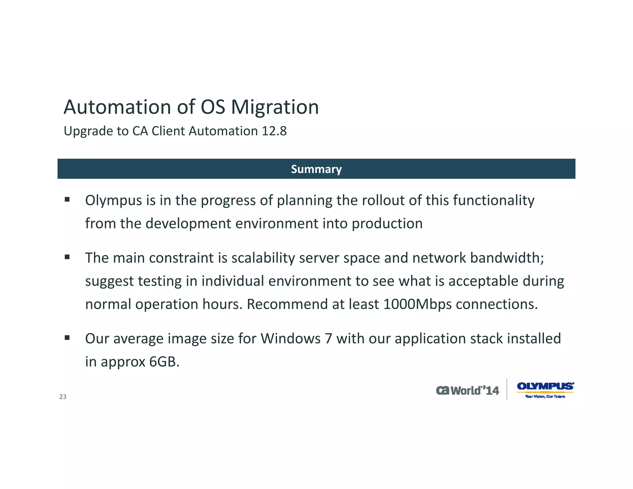 23 
Summary 
A Few Words to Review 
Plan 
As with all projects, look at what is the desired outcome, determine scope and plan. 
Develop/Test 
Develop customizations you need and test before implementing in production. 
Upgrade 
Work out your upgrade plan and execute. Pre- determine key identifiers to gauge value of upgrade.  