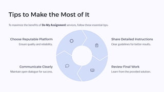 Tips to Make the Most of It
To maximize the benefits of Do My Assignment services, follow these essential tips:
Choose Reputable Platform
Ensure quality and reliability.
Share Detailed Instructions
Clear guidelines for better results.
Review Final Work
Learn from the provided solution.
Communicate Clearly
Maintain open dialogue for success.
 