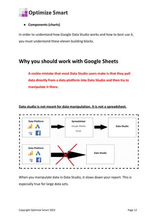 ● Components (charts)
In order to understand how Google Data Studio works and how to best use it,
you must understand these eleven building blocks.
Why you should work with Google Sheets
A rookie mistake that most Data Studio users make is that they pull
data directly from a data platform into Data Studio and then try to
manipulate it there.
Data studio is not meant for data manipulation. It is not a spreadsheet.
When you manipulate data in Data Studio, it slows down your report. This is
especially true for large data sets.
Copyright Optimize Smart 2022 Page 12
 