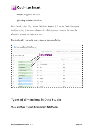 Device Category – desktop
Operating System – Windows
Here Gender, Age, City, Source /Medium, Keyword, Browser, Device Category
and Operating System are all examples of dimensions because they are the
characteristics of your website users.
Dimensions in your data source appear as green fields.
Types of dimensions in Data Studio
There are three types of dimensions in Data Studio:
Copyright Optimize Smart 2022 Page 23
 