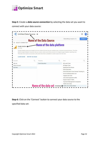 Step-5: Create a data source connection by selecting the data set you want to
connect with your data source:
Step-6: Click on the ‘Connect’ button to connect your data source to the
specified data set:
Copyright Optimize Smart 2022 Page 32
 