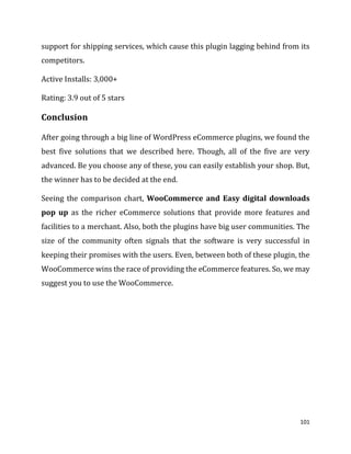101
support for shipping services, which cause this plugin lagging behind from its
competitors.
Active Installs: 3,000+
Rating: 3.9 out of 5 stars
Conclusion
After going through a big line of WordPress eCommerce plugins, we found the
best five solutions that we described here. Though, all of the five are very
advanced. Be you choose any of these, you can easily establish your shop. But,
the winner has to be decided at the end.
Seeing the comparison chart, WooCommerce and Easy digital downloads
pop up as the richer eCommerce solutions that provide more features and
facilities to a merchant. Also, both the plugins have big user communities. The
size of the community often signals that the software is very successful in
keeping their promises with the users. Even, between both of these plugin, the
WooCommerce wins the race of providing the eCommerce features. So, we may
suggest you to use the WooCommerce.
 
