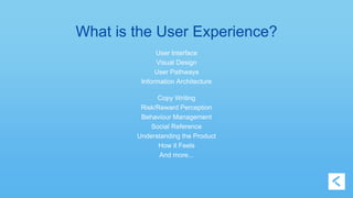 What is the User Experience? 
User Interface 
Visual Design 
User Pathways 
Information Architecture 
Copy Writing 
Risk/Reward Perception 
Behaviour Management 
Social Reference 
Understanding the Product 
How it Feels 
And more... 
 