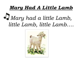 Mary Had A Little Lamb

 Mary had a little Lamb,
little Lamb, little Lamb….
 