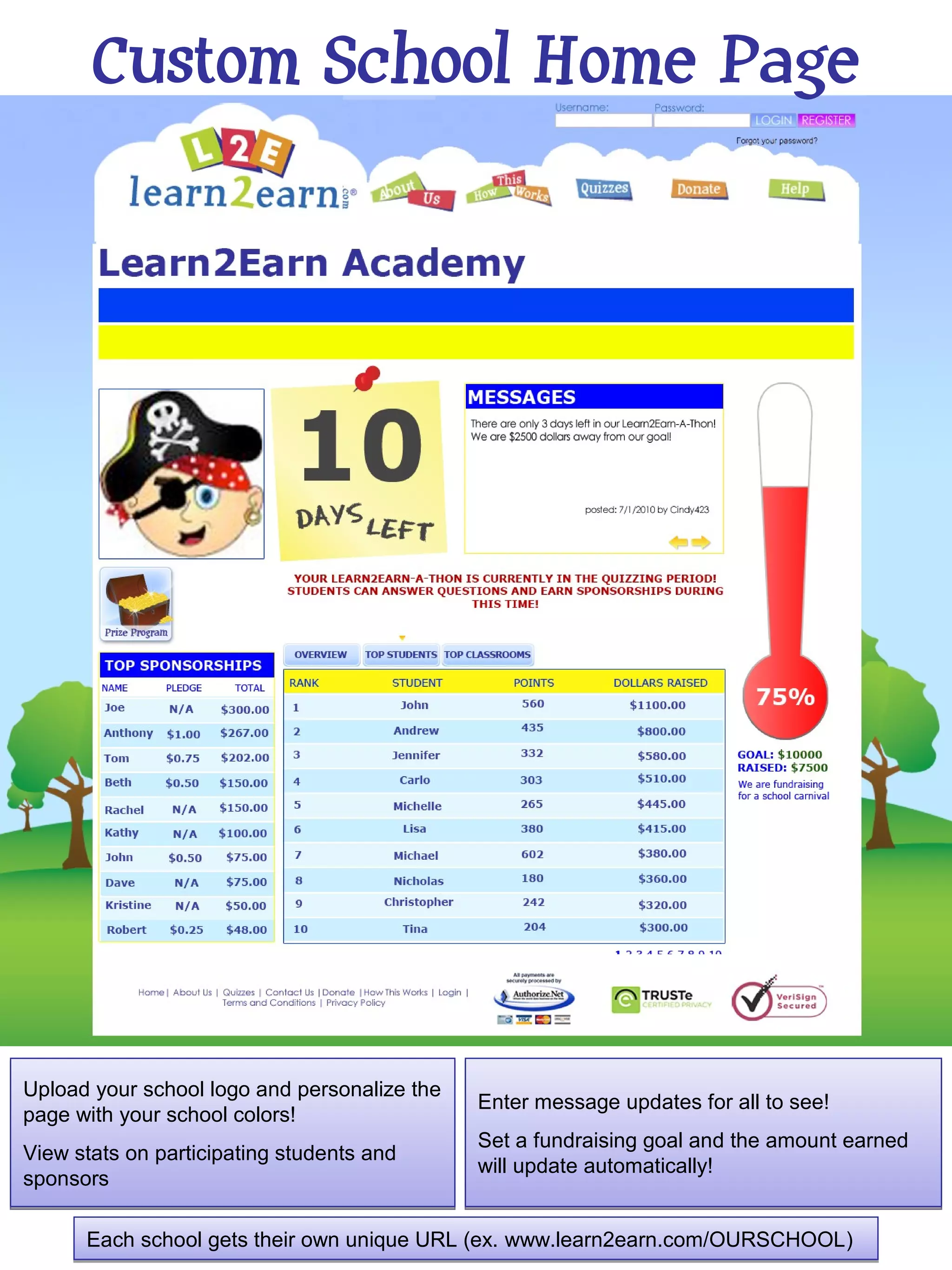 Custom School Home Page




Upload your school logo and personalize the
                                              Enter message updates for all to see!
page with your school colors!
                                              Set a fundraising goal and the amount earned
View stats on participating students and
                                              will update automatically!
sponsors

      Each school gets their own unique URL (ex. www.learn2earn.com/OURSCHOOL)
 