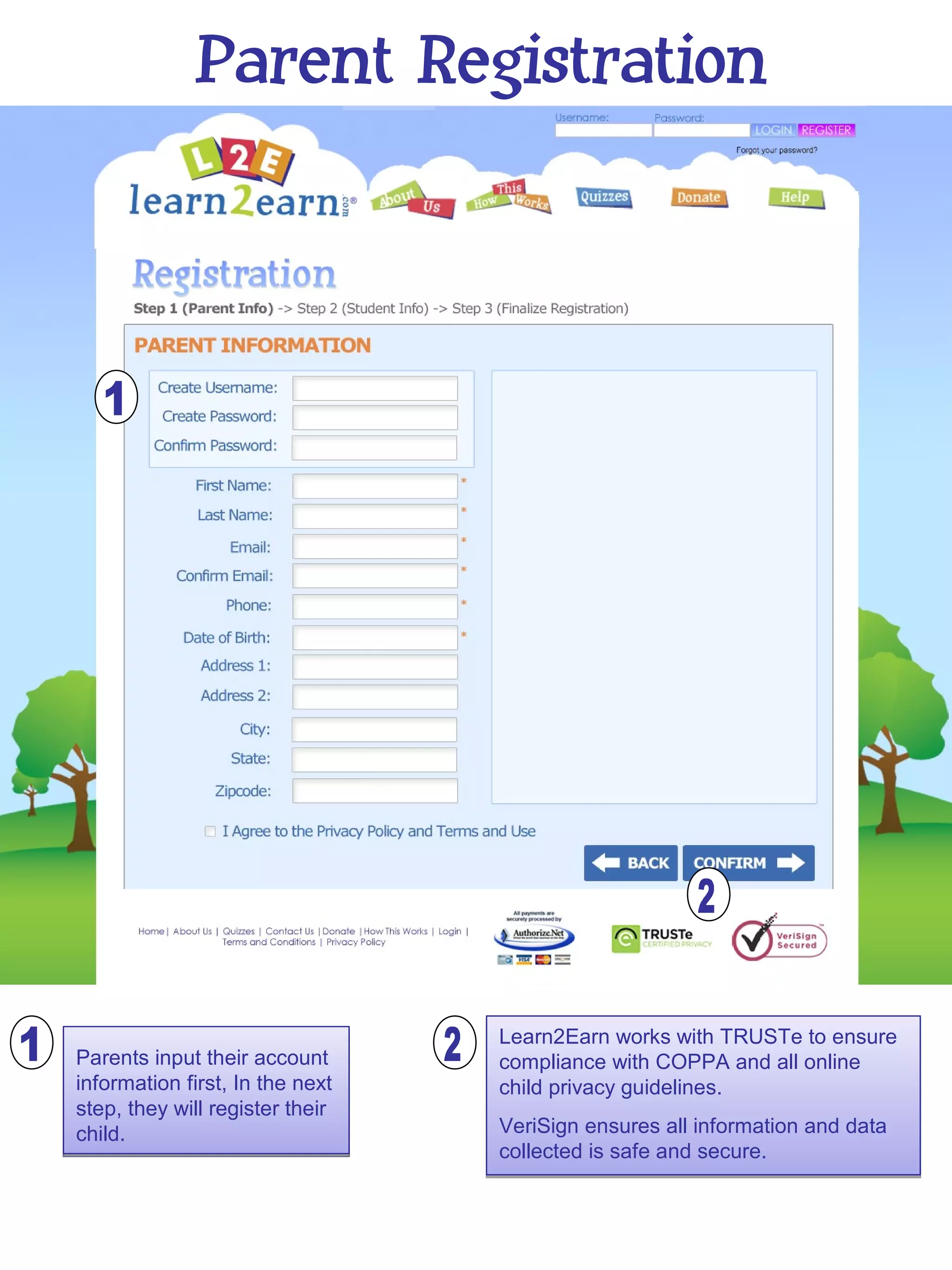 Parent Registration




                                 Learn2Earn works with TRUSTe to ensure
Parents input their account      compliance with COPPA and all online
information first, In the next   child privacy guidelines.
step, they will register their
child.                           VeriSign ensures all information and data
                                 collected is safe and secure.
 