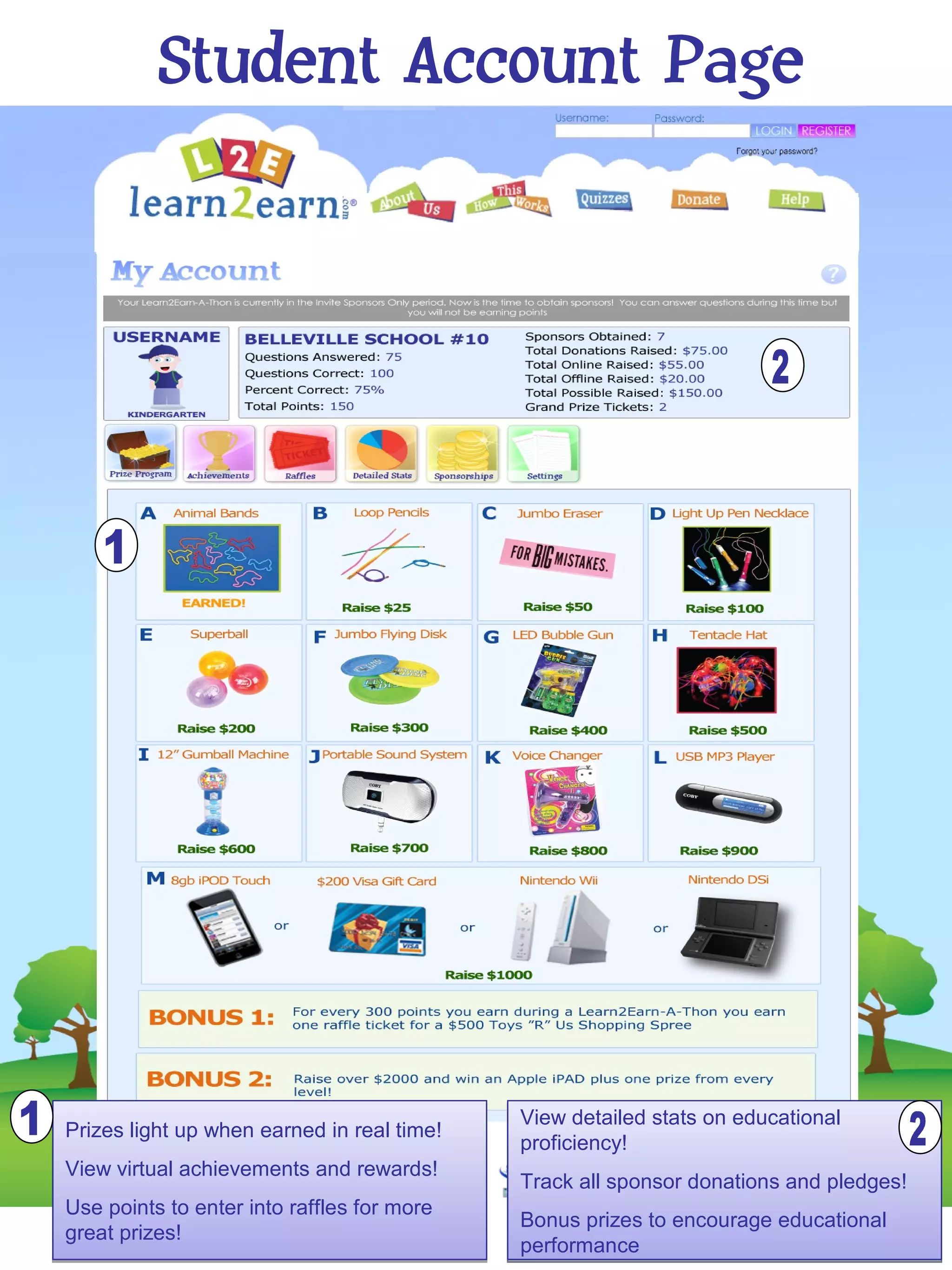 Student Account Page




                                            View detailed stats on educational
Prizes light up when earned in real time!
                                            proficiency!
View virtual achievements and rewards!
                                            Track all sponsor donations and pledges!
Use points to enter into raffles for more
                                            Bonus prizes to encourage educational
great prizes!
                                            performance
 