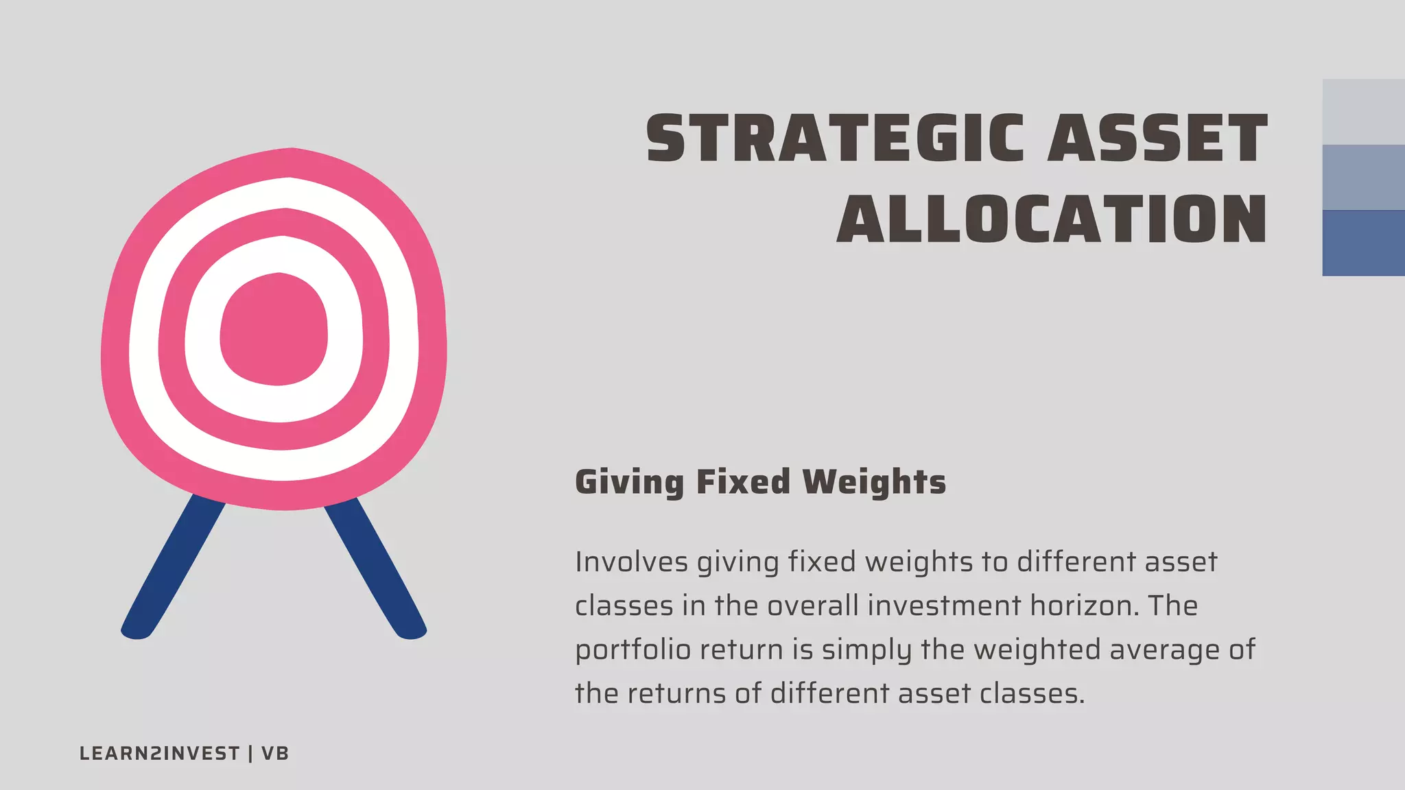 STRATEGIC ASSET
ALLOCATION
Giving Fixed Weights
Involves giving fixed weights to different asset
classes in the overall investment horizon. The
portfolio return is simply the weighted average of
the returns of different asset classes.
LEARN2INVEST | VB
 