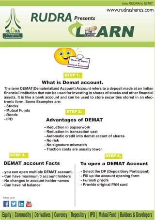 STEP 1.
sms RUDRA to 56767
What is Demat account.
The term DEMAT(Dematerialized Account) Account refers to a deposit made at an Indian
financial institution that can be used for investing in shares of stocks and other financial
assets. It is like a bank account and can be used to store securities stored in an elec-
tronic form. Some Examples are:
- Stocks
- Mutual Funds
- Bonds
- IPO
STEP 2.
STEP 3.
To open a DEMAT Account
- Select the DP (Depositiory Participant)
- Fill up the account opening form
- Furnish proofs
- Provide original PAN card
STEP 4.
Advantages of DEMAT
- Reduction in papaerwork
- Reduction in transaction cast
- Automatic credit into demat accont of shares
- No risk
- No signature mismatch
- Traction costs are usually lower
DEMAT account Facts
- you can open multiple DEMAT account.
- Can have maximum 3 account holders
- No changes in account holder names
- Can have nil balance
 