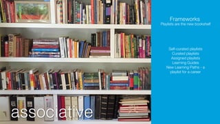 associative
Frameworks
Self-curated playlists
Curated playlists
Assigned playlists
Learning Guides
New Learning Paths - a
playlist for a career
Playlists are the new bookshelf
 