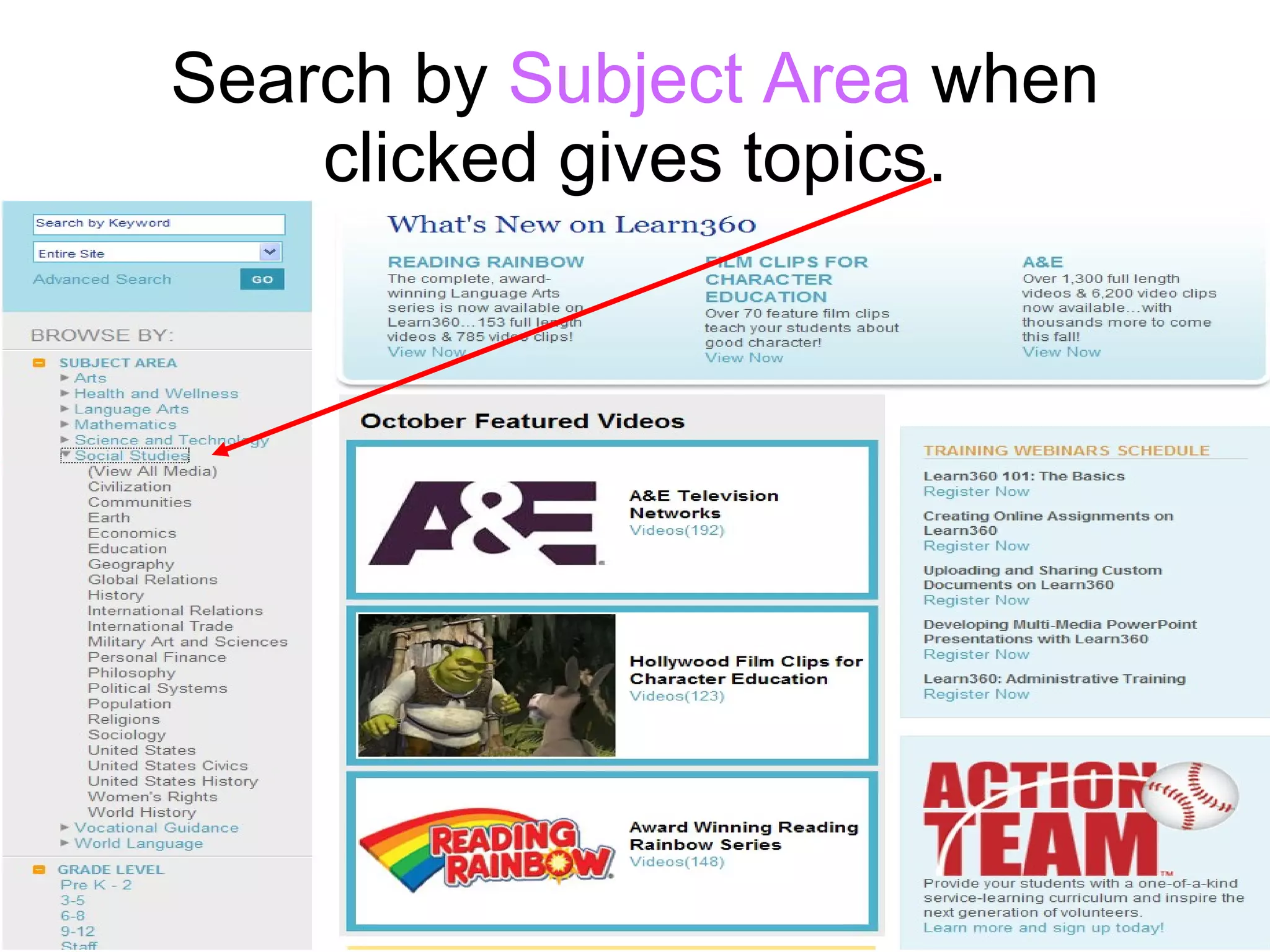 Search by  Subject Area  when clicked gives topics. 