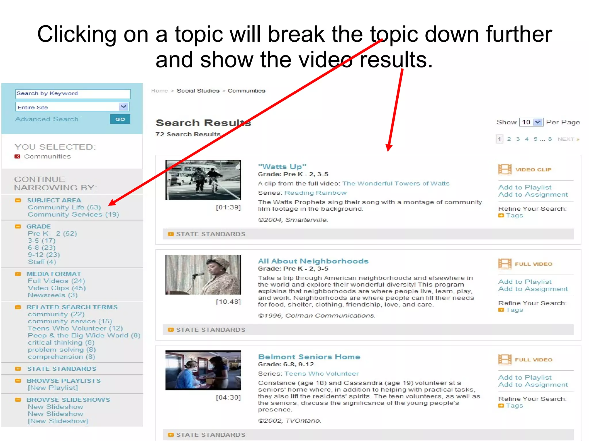 Clicking on a topic will break the topic down further and show the video results. 