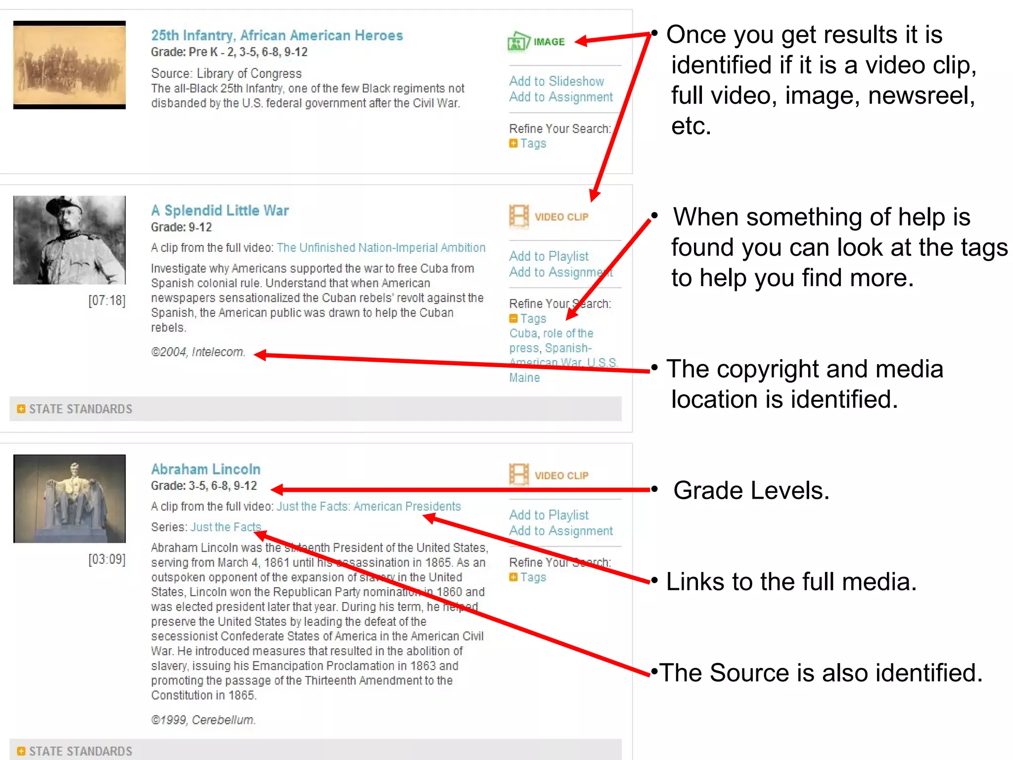 Once you get results it is  identified if it is a video clip,  full video, image, newsreel, etc.  When something of help is  found you can look at the tags to help you find more. The copyright and media  location is identified. Grade Levels. Links to the full media. The Source is also identified. 