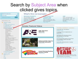 Search by  Subject Area  when clicked gives topics. 