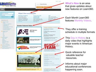 What’s New  is an area  that gives updates about new features on Learn360. Each Month Learn360  features  Monthly Videos . They offer a training  schedule in multiple formats This  Day in History  is a  daily video that highlights major events in American  History. Quick reference for  valuable teacher  resources. Informs about major  educational conferences happening soon. 
