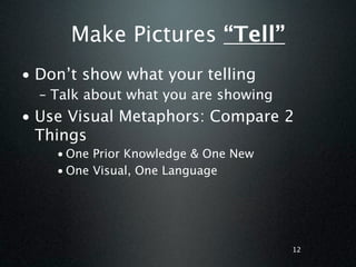Make Pictures “Tell”
• Don’t show what your telling
  – Talk about what you are showing
• Use Visual Metaphors: Compare 2
  Things
    • One Prior Knowledge & One New
    • One Visual, One Language




                                      12
 