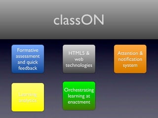 classON
 Formative
               HTML5 &        Attention &
assessment
                  web         notiﬁcation
 and quick
              technologies      system
  feedback



              Orchestrating
 Learning      learning at
 analytics     enactment
 