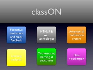 classON
 Formative
               HTML5 &        Attention &
assessment
                  web         notiﬁcation
 and quick
              technologies      system
  feedback



              Orchestrating
 Learning                         Data
               learning at
 analytics                    visualization
               enactment
 