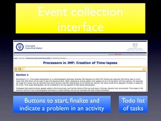 Event collection
          interface



                                                !

  Buttons to start, ﬁnalize and     Todo list
indicate a problem in an activity   of tasks
 