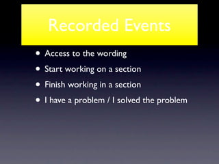 Recorded Events
• Access to the wording
• Start working on a section
• Finish working in a section
• I have a problem / I solved the problem
 