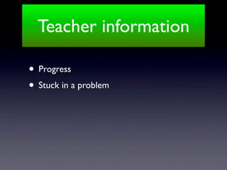 Teacher information

• Progress
• Stuck in a problem
 