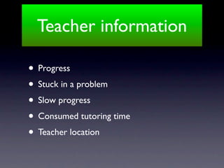 Teacher information

• Progress
• Stuck in a problem
• Slow progress
• Consumed tutoring time
• Teacher location
 