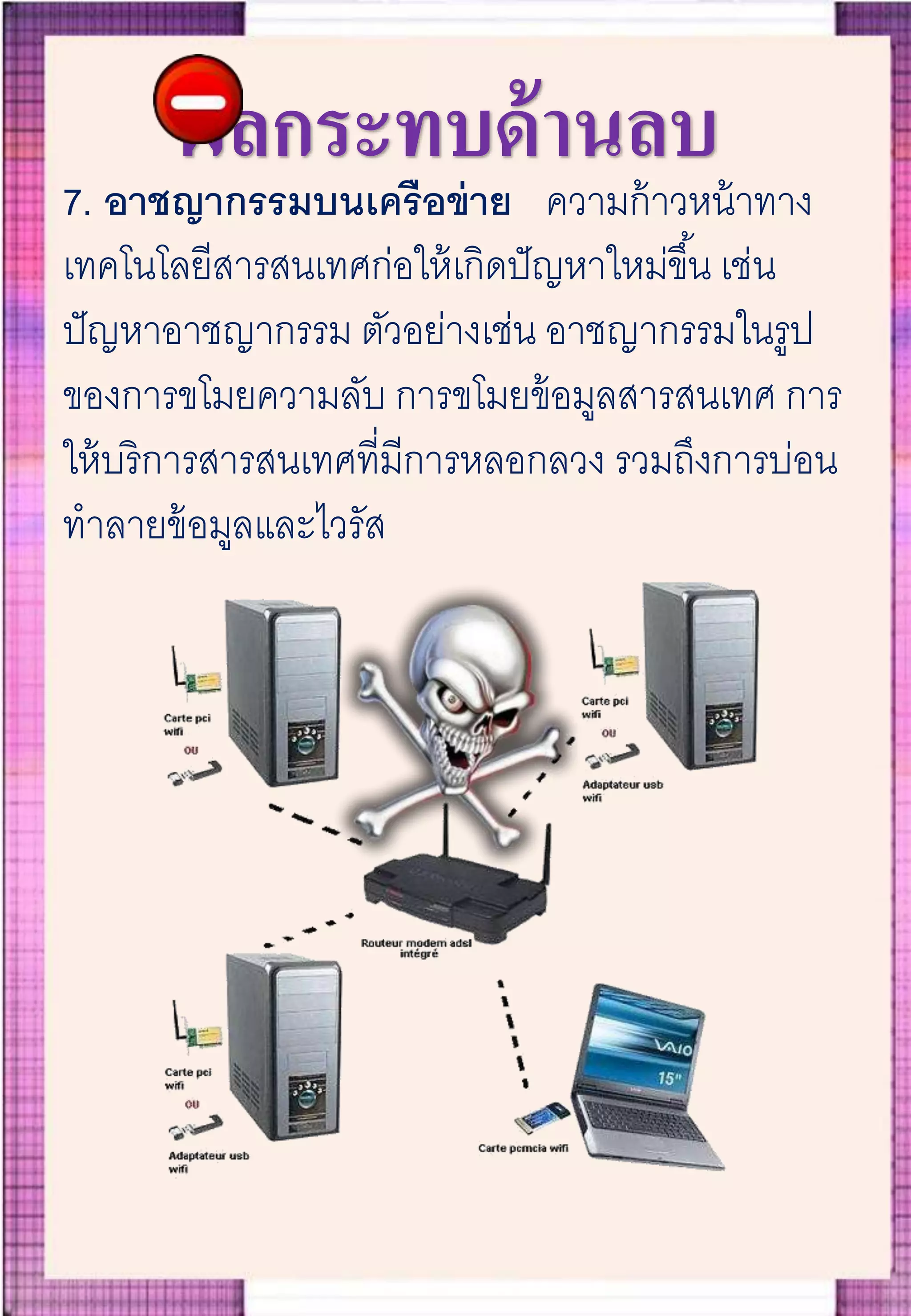 ผลกระทบด้านลบ
7. อาชญากรรมบนเครือข่าย ความก้าวหน้าทาง
เทคโนโลยีสารสนเทศก่อให้เกิดปัญหาใหม่ขึ้น เช่น
ปัญหาอาชญากรรม ตัวอย่างเช่น อาชญากรรมในรูป
ของการขโมยความลับ การขโมยข้อมูลสารสนเทศ การ
ให้บริการสารสนเทศที่มีการหลอกลวง รวมถึงการบ่อน
ทาลายข้อมูลและไวรัส
 