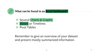 What can be found in an Excel Dashboard?
◉ Several Charts & Graphs
◉ Slicers or Timelines
◉ Pivot Tables
Remember to give ...