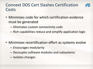 Connext DDS Cert Slashes Certification
Costs
• Minimizes code for which certification evidence
must be generated
– Eliminates custom connectivity code
– Rich capabilities reduce and simplify application logic
• Minimizes recertification effort as systems evolve
– Encourages modularity
– Decouples software modules and subsystems
– Isolates changes
18-Apr-16 11
 