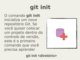 git init
O comando git init
inicializa um novo
repositório Git. Se
você quiser colocar
um projeto dentro do
controle de versão,
este é o primeiro
comando que você
precisa aprender
git init <diretório>
 