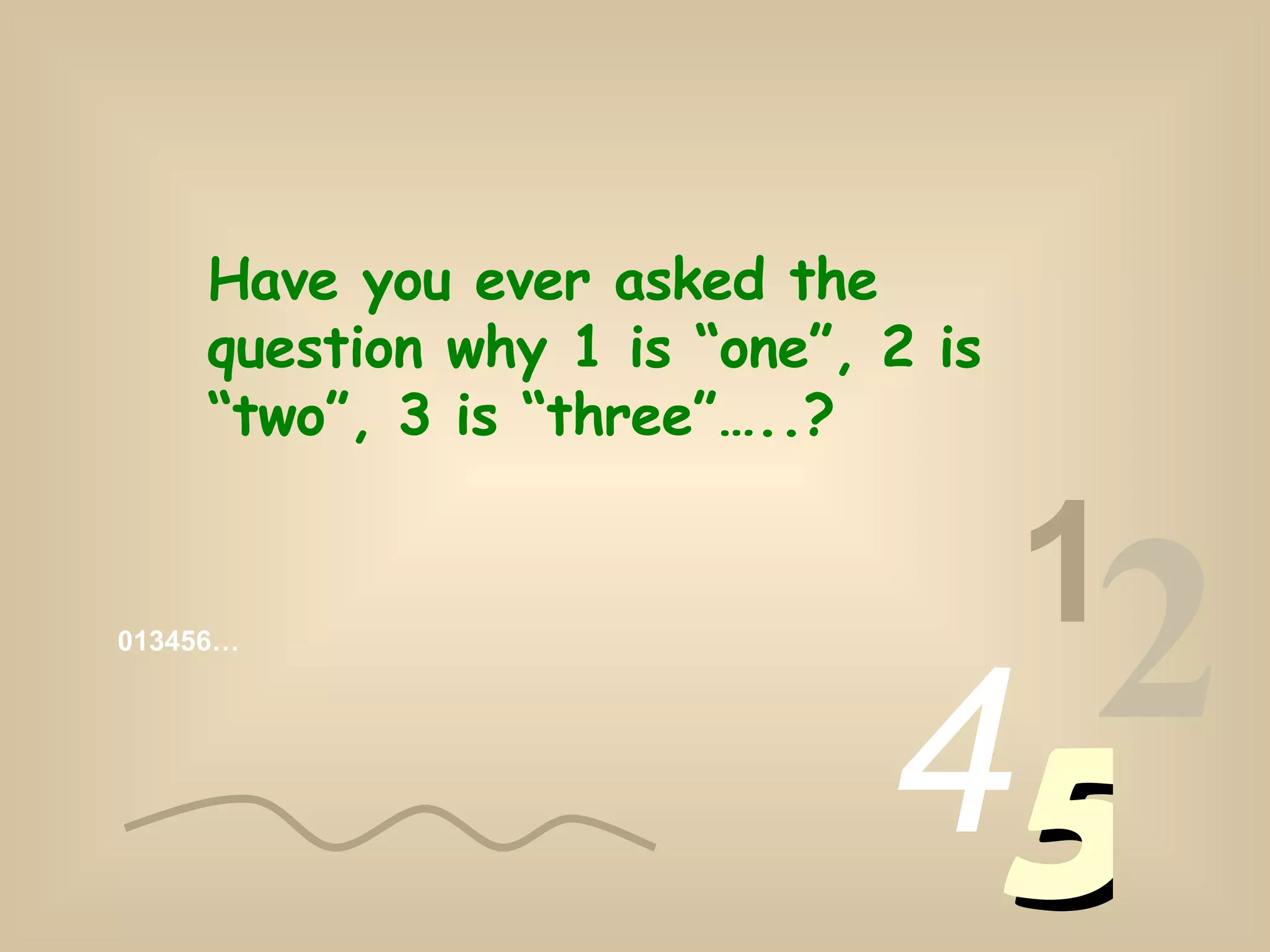 013456… 1 2 4 5 Have you ever asked the question why 1 is “one”, 2 is “two”, 3 is “three”…..?