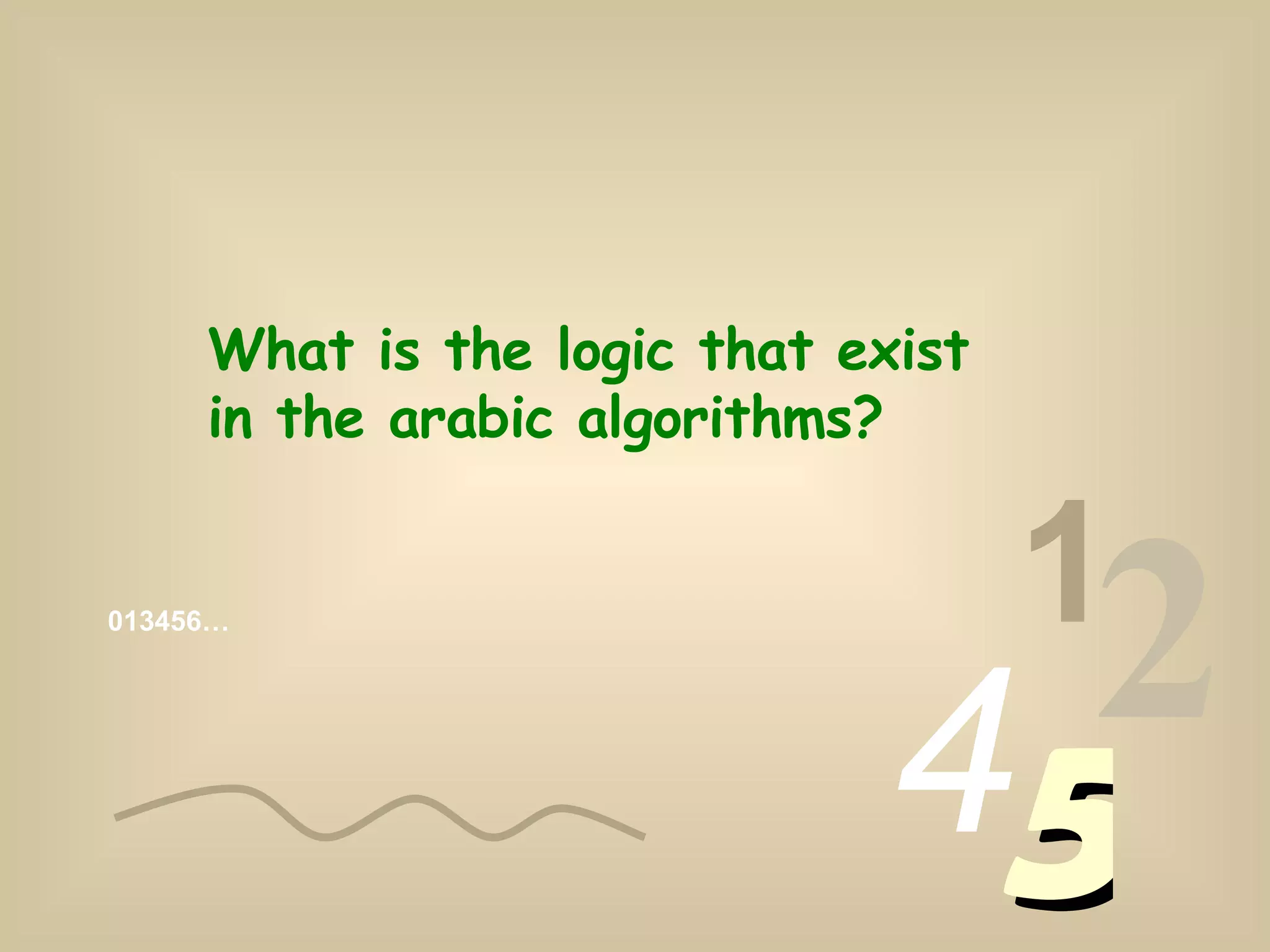 013456… 1 2 4 5 What is the logic that exist in the arabic algorithms?
