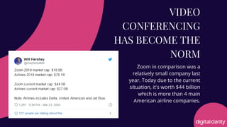 VIDEO
CONFERENCING
HAS BECOME THE
NORM
Zoom in comparison was a
relatively small company last
year. Today due to the current
situation, it's worth $44 billion
which is more than 4 main
American airline companies.
 