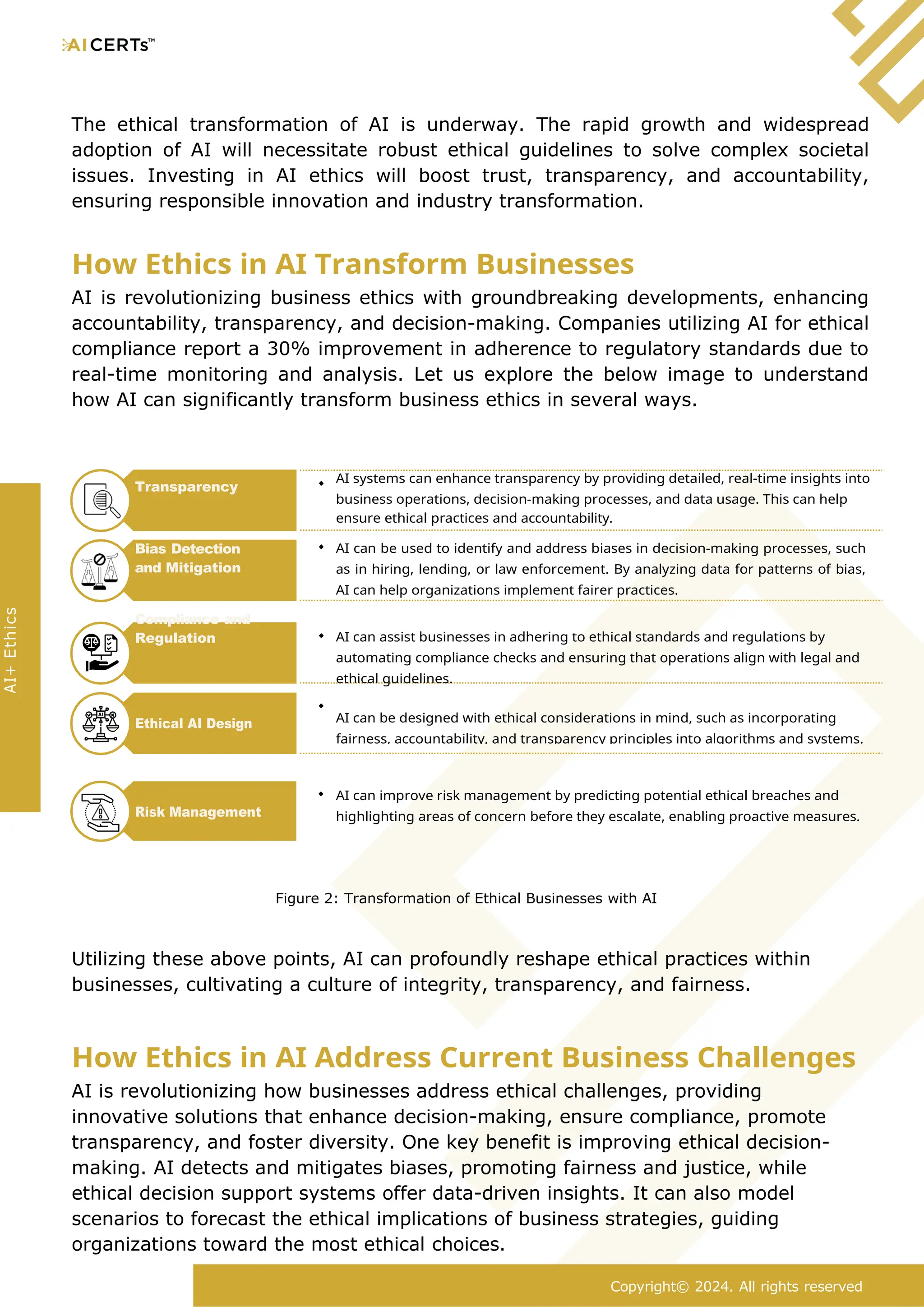 The ethical transformation of AI is underway. The rapid growth and widespread
adoption of AI will necessitate robust ethical guidelines to solve complex societal
issues. Investing in AI ethics will boost trust, transparency, and accountability,
ensuring responsible innovation and industry transformation.
How Ethics in AI Transform Businesses
AI is revolutionizing business ethics with groundbreaking developments, enhancing
accountability, transparency, and decision-making. Companies utilizing AI for ethical
compliance report a 30% improvement in adherence to regulatory standards due to
real-time monitoring and analysis. Let us explore the below image to understand
how AI can significantly transform business ethics in several ways.
Transparency
Bias Detection
and Mitigation
Compliance and
Regulation
AI systems can enhance transparency by providing detailed, real-time insights into
business operations, decision-making processes, and data usage. This can help
ensure ethical practices and accountability.
AI can be used to identify and address biases in decision-making processes, such
as in hiring, lending, or law enforcement. By analyzing data for patterns of bias,
AI can help organizations implement fairer practices.
AI can assist businesses in adhering to ethical standards and regulations by
automating compliance checks and ensuring that operations align with legal and
ethical guidelines.
AI can improve risk management by predicting potential ethical breaches and
highlighting areas of concern before they escalate, enabling proactive measures.
Figure 2: Transformation of Ethical Businesses with AI
Utilizing these above points, AI can profoundly reshape ethical practices within
businesses, cultivating a culture of integrity, transparency, and fairness.
How Ethics in AI Address Current Business Challenges
AI is revolutionizing how businesses address ethical challenges, providing
innovative solutions that enhance decision-making, ensure compliance, promote
transparency, and foster diversity. One key benefit is improving ethical decision-
making. AI detects and mitigates biases, promoting fairness and justice, while
ethical decision support systems offer data-driven insights. It can also model
scenarios to forecast the ethical implications of business strategies, guiding
organizations toward the most ethical choices.
AI can be designed with ethical considerations in mind, such as incorporating
fairness, accountability, and transparency principles into algorithms and systems.
Copyright© 2024. All rights reserved
Risk Management
AI+
Ethics
Ethical AI Design
 