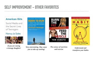 SELF IMPROVEMENT - OTHER FAVORITES
If you are raising  
a teenage daughter!
Very entertaining. May cause  
you to take up running!
The science of nutrition  
and exercise
Understand and  
transform your habits
 