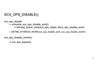 SCX_OPS_DISABLE()
24
scx_ops_disable
-> schedule_scx_ops_disable_work()
-> kthread_queue_work(scx_ops_helper, &scx_ops_disable_work)
⇣ DEFINE_KTHREAD_WORK(scx_ops_disable_work, scx_ops_disable_workfn)
scx_ops_disable_workfn()
-> scx_ops_bypass()
 