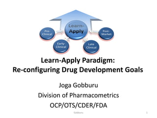 Learn-Apply Paradigm: Re-configuring Drug Development Goals 
JogaGobburu 
Division of Pharmacometrics 
OCP/OTS/CDER/FDA 
1 
Gobburu  