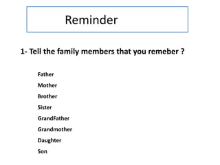 Reminder
1- Tell the family members that you remeber ?
Father
Mother
Brother
Sister
GrandFather
Grandmother
Daughter
Son