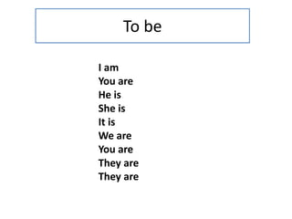 To be
I am
You are
He is
She is
It is
We are
You are
They are
They are