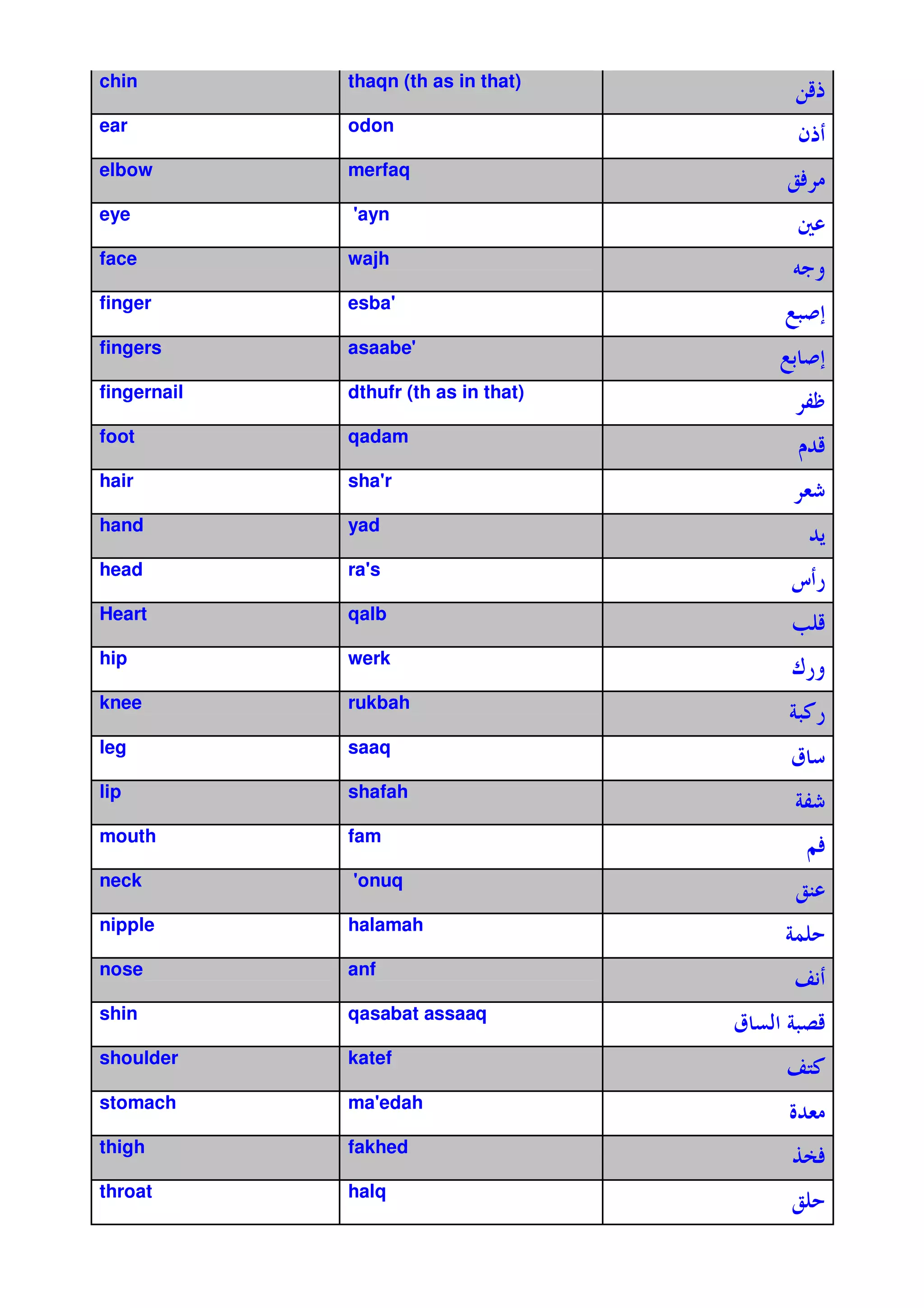 chin         thaqn (th as in that)
                                          Nct
ear          odon
                                          Qt
elbow        merfaq
                                         oV
eye          '
             ayn

face         wajh
                                         X92
finger       esba'
                                         $ E
fingers      asaabe'
                                         $' E
fingernail   dthufr (th as in that)
                                             ;•
foot         qadam
                                             %c
hair         sha'
                r
                                          &5
hand         yad
                                              %7
head         ra'
               s
                                         l*
Heart        qalb
                                         O c
hip          werk
                                         )*2
knee         rukbah
                                         # /*
leg          saaq
                                         ‡
lip          shafah
                                          #;5
mouth        fam
                                             ZV
neck         '
             onuq
                                          oH
nipple       halamah
                                         #@
nose         anf
                                          -1
shin         qasabat assaaq
                                      ‡ !# c
shoulder     katef
                                         -F
                                          /
stomach      ma'
               edah
                                         ^%&
thigh        fakhed
                                         _¦V
throat       halq
                                         o
 