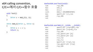 void Test()
{
INT64 c = Add_C(1, 2);
}
INT64 Add_C(INT64 a, INT64 b)
{
INT64 c = a + b;
return c;
}
AsmTest64.exe!Test(void):
sub rsp,38h
mov edx,2
mov ecx,1
call Add_C (0140001050h)
mov qword ptr [c],rax
add rsp,38h
ret
AsmTest64.exe!Add_C(__int64, __int64):
mov qword ptr [rsp+10h],rdx
mov qword ptr [rsp+8],rcx
sub rsp,18h
mov rax,qword ptr [b]
mov rcx,qword ptr [a]
add rcx,rax
mov rax,rcx
mov qword ptr [rsp],rax
mov rax,qword ptr [rsp]
add rsp,18h
ret
x64 calling convention,
C/C++에서 C/C++함수 호출
 