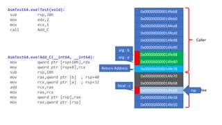 Caller
Callee
rsp
0x000000000014feb8
0x000000000014feb0
0x000000000014fea8
0x000000000014fea0
0x000000000014fe98
0x000000000014fe90
0x000000000014fe88
0x000000000014fe80
0x000000000014fe78
0x000000000014fe70
arg : b
arg : a
0x000000000014fe68
0x000000000014fe60
0x000000000014fe58
0x000000000014fe50
local : c
AsmTest64.exe!Test(void):
sub rsp,38h
mov edx,2
mov ecx,1
call Add_C
AsmTest64.exe!Add_C(__int64, __int64):
mov qword ptr [rsp+10h],rdx
mov qword ptr [rsp+8],rcx
sub rsp,18h
mov rax,qword ptr [b] ; rsp+40
mov rcx,qword ptr [a] ; rsp+32
add rcx,rax
mov rax,rcx
mov qword ptr [rsp],rax
mov rax,qword ptr [rsp]
Return Address
 