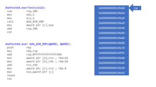 AsmTest64.exe!Test(void):
sub rsp,38h
mov edx,2
mov ecx,1
call Add_ASM_RBP
mov dword ptr [c],eax
add rsp,38h
ret
AsmTest64.exe! Add_ASM_RBP(QWORD, QWORD):
push rbp
mov rbp,rsp
add rsp,0FFFFFFFFFFFFFFE0h
mov qword ptr [a],rcx ; rbp+16
mov qword ptr [b],rdx ; rbp+24
add rcx,rdx
mov qword ptr [c],rcx ; rbp-8
mov rax,qword ptr [c]
leave
ret
0x000000000014feb8
0x000000000014feb0
0x000000000014fea8
0x000000000014fea0
0x000000000014fe98
0x000000000014fe90
0x000000000014fe88
0x000000000014fe80
0x000000000014fe78
0x000000000014ff70
0x000000000014fe68
0x000000000014fe60
0x000000000014fe58
0x000000000014fe50
rsp
 