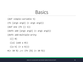 Basics
(def simple-variable 5)
(fn [arg1 arg2] (+ arg1 arg2))
(def one (fn [] 1))
(defn add [arg1 arg2] (+ arg1 arg2))
(defn add-multiple-arity
([] 0)
([a] (add a 0))
([a b] (+ a b)))
#(+ 10 %) ;=> (fn [%] (+ 10 %))
BASICS OF CLOJURE/SCRIPT AND REAGENT @REACTIVE2015 BY MATY 16
 