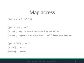 Map access
(def m {:a 5 "b" 7})
(get m :a) ; => 5
(m :a) ; map is function from key to value
(:a m) ; keyword can retrieve itself from map and set
(get m "b") ; => 7
(m "b") ; => 7
("b" m) ; error
BASICS OF CLOJURE/SCRIPT AND REAGENT @REACTIVE2015 BY MATY 20
 