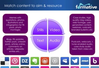 Match content to aim & resource 
Video 
Stills 
Text Audio 
Case studies, high 
quality mkg videos, 
web footage, user-gen...