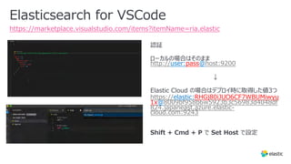 Elasticsearch for VSCode
https://marketplace.visualstudio.com/items?itemName=ria.elastic
http://user:pass@host:9200
https://elastic:RHGj80iJUO6CF7WBUMiwyu
1x@8009bf958b6w5923b3c56983d4048df
824.japaneast.azure.elastic-
cloud.com:9243
 